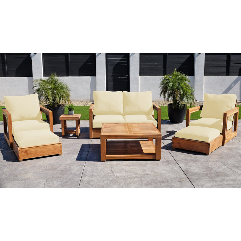 Ensemble de conversation Stilijan en teck avec coussins Sunbrella®, Table, Loveseat, 2 Chairs, 2 Ottomans, Side Table