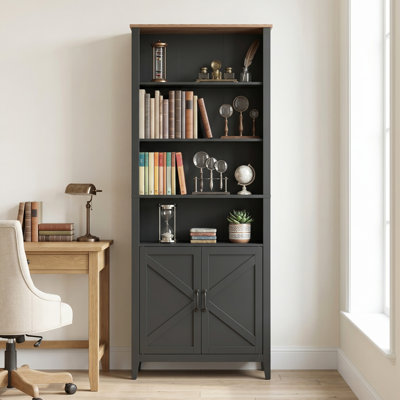 4-Tiers Rustic Farmhouse Style Bookcase With Cabinet