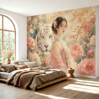 Papier peint adhésif peler et coller tigre blanc épanoui fleurs roses robe traditionnelle auto-adhésive amovible papier contact mural pour le salon Chambre à coucher H 69 po x l 96 po