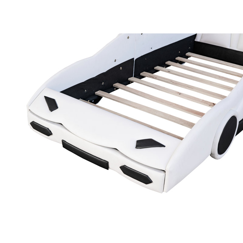 Lit de voiture de course simple avec roulettes, blanc et attrayant espace de couchage fonctionnel en forme de voiture