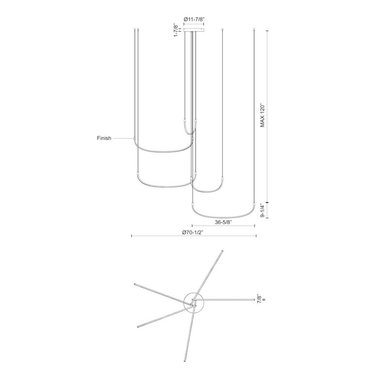 Luminaire suspendu unique à DEL 5 lumières Talis, Nickel brossé, H 9,25 po x l 70,5 po x P 70,5 po