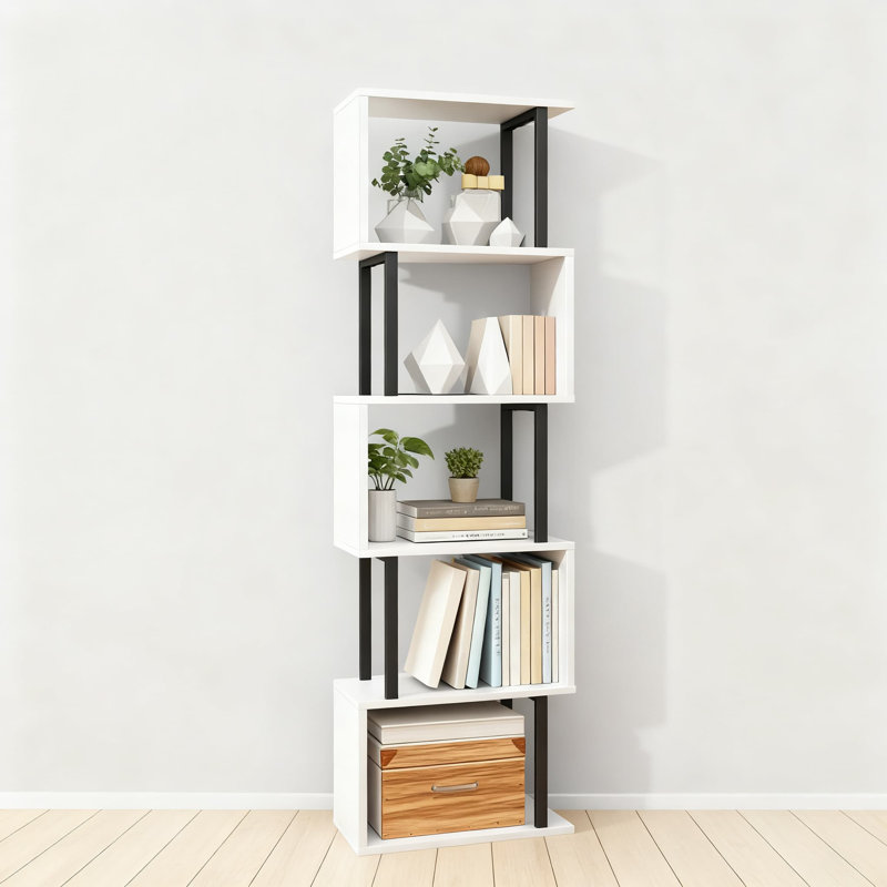 5-Tier S-Shaped Bookshelf, Modern Geometric Bookcase With Narrow Freestanding Design For Home Office Living Room Bedroom Storage And Display