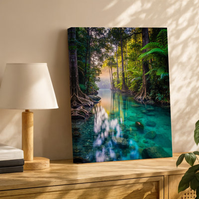 Toile, "Serene Tropical Rainforest Scene At Dawn" mettant en vedette des arbres avec des troncs épais et des racines épaisses