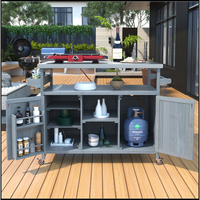 Outdoor Kitchen Island Grill Cart With Stainless Steel Top, Solid Wood Rolling Bar Cart With Storage
