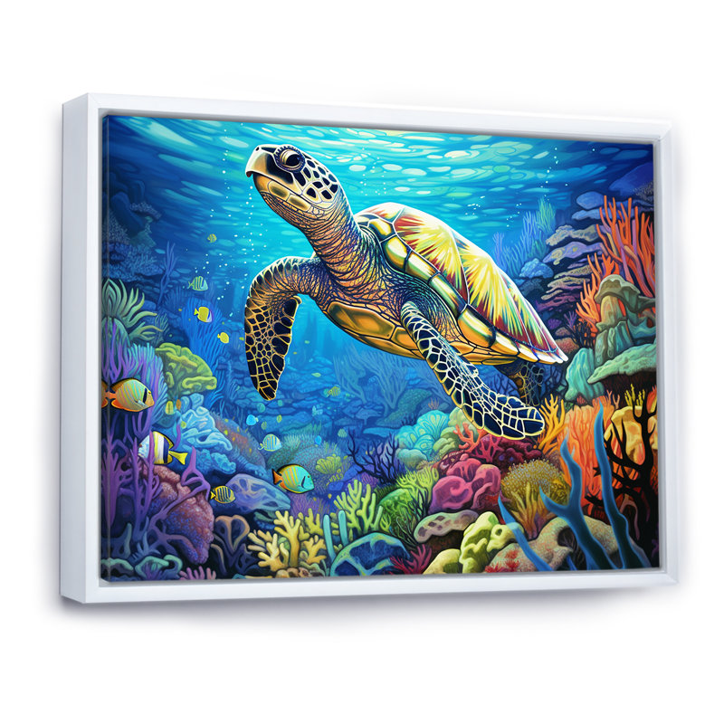 «Blue Sea Turtle World» - art mural corail sous l'eau, H 16 po x l 32 po x P 1 po, Cadre flottant blanc