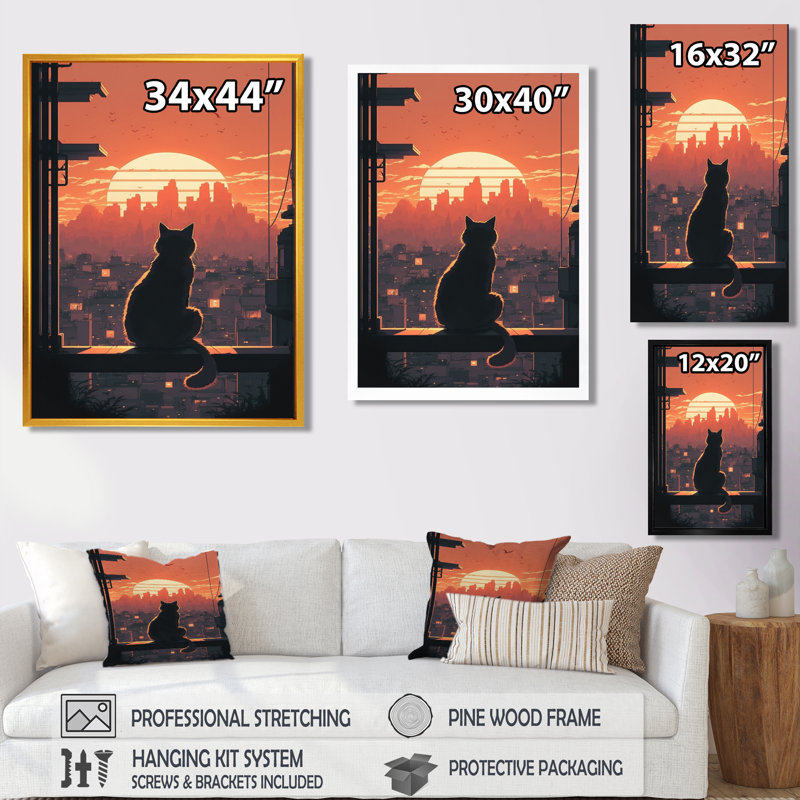 Chat urbain regardant le coucher de soleil I - impression d'art mural chat, Toile tendue, H 32 po x l 16 po x P 1 po