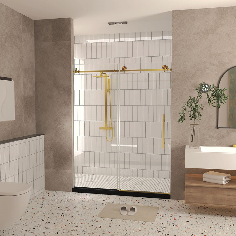 Frameless Shower Door 56-60 "W X 76" H, 1/4 "(6 Mm) Clear Tempered Glass, Explosion Proof Film, Stainless Steel Handle,Brushed Gold