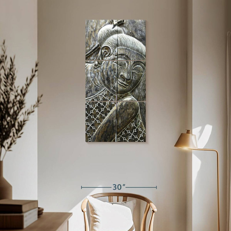 Bouddha antique en bois, H 62 po x l 30 po