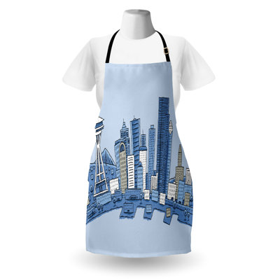 East Urban Home Seattle Skyline Apron, Cooking Gardening, Adult Size, Azure Blue Pale Blue