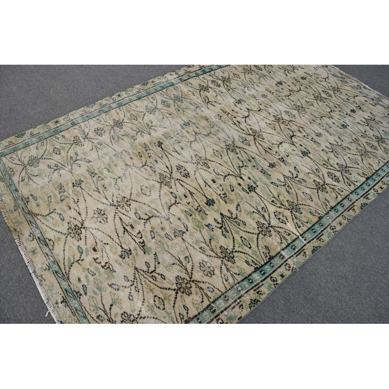 Grand tapis beige turc tissé à la main rétro parfait pour le salon Beige / vert