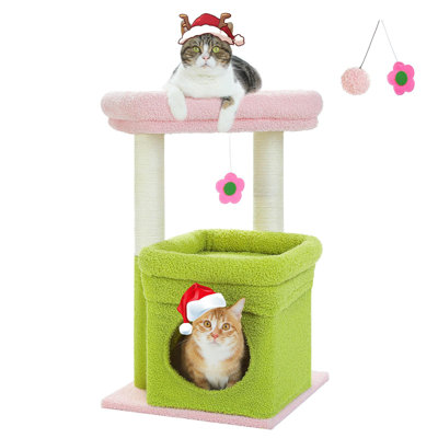 Cat Tree Flower Cat Tower For Indoor Cats With Private Cozy Cat Condo Natural Sisal Scratching Posts And Plush PomPom For Small Cats Pink