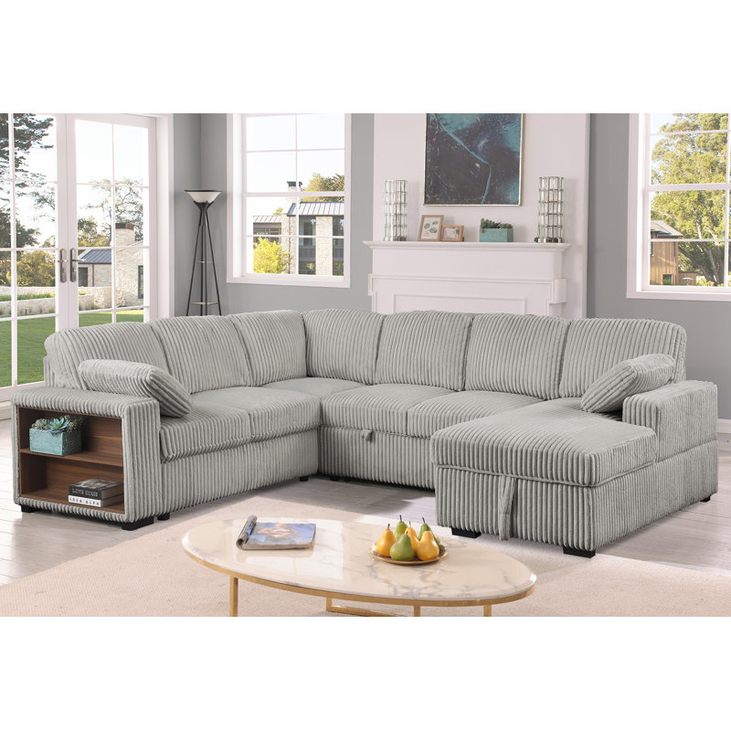 Canapé-lit modulaire convertible en velours surdimensionné avec méridienne et tablettes avec accoudoirs, Velours côtelé gris
