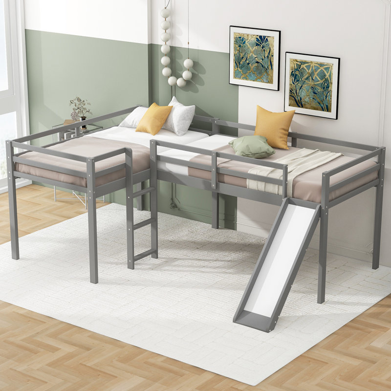  L-Shaped Twin Loft Bed Frame with Built-In Slide and Ladder, Elevated Platform Sleeping Solution, Gray, Gray
