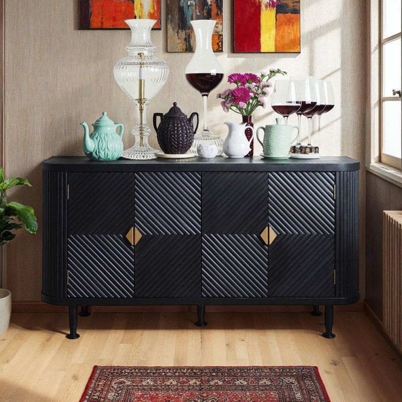 Buffet 4 portes à motif ondulé 59 po avec tablette ajustable 4 portes, Noir, noir, noir, noir