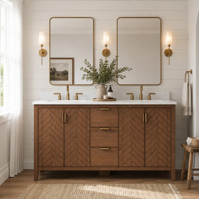 Meuble-lavabo autoportant Ausmus Asheville 60 po avec comptoir en pierre reconstituée blanche et double lavabo