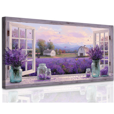 Art mural de fenêtre de campagne GUTTATY, décoration murale sur toile de fleur rustique, œuvre d'art campagne sereine avec champs de lavande, peinture de paysage de ferme rustique pour salon, salle de bain, 20 x 40 po