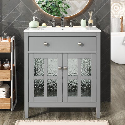 30" Bathroom Vanity With Ceramic Sink, Equipped With Adjustable Shelf And Tip-Out Tray, Bathroom Vanity With Solid Wood Legs, Silver Metal Knobs And Soft Close Hinges, Gray