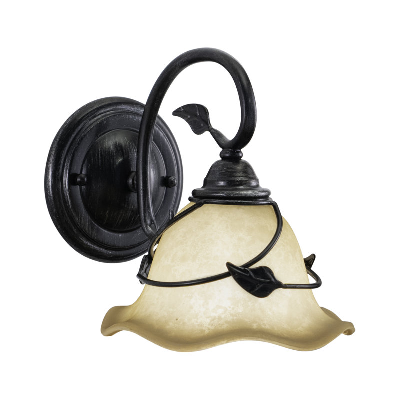 Mia 1-Light 7.5 inch Wide Oil Shale Rustic Bathroom Vanity Lighting Fixture, Amber Flake Scalloped Glass Shade, Mia and Leaf Motif, Dimmable LED Compatible, Wall Mounted Steel Sconce