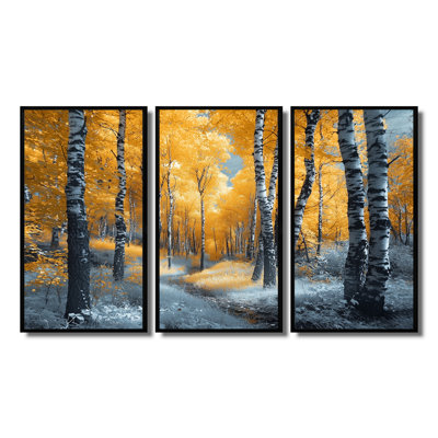 «Autumn Birch Trees Forest Path Panorama I», ensemble d'art mural forêt