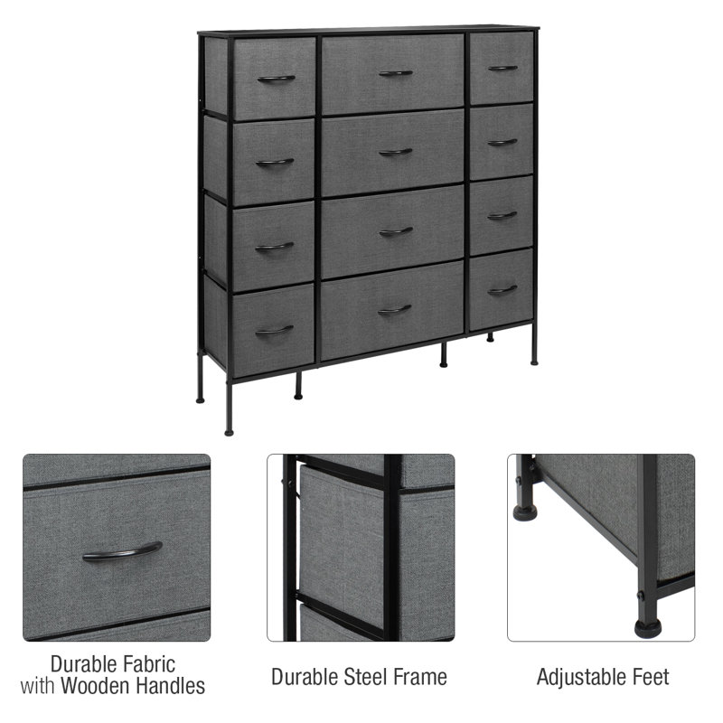Black Steel Frame 12-Drawer Dresser with Wood Top