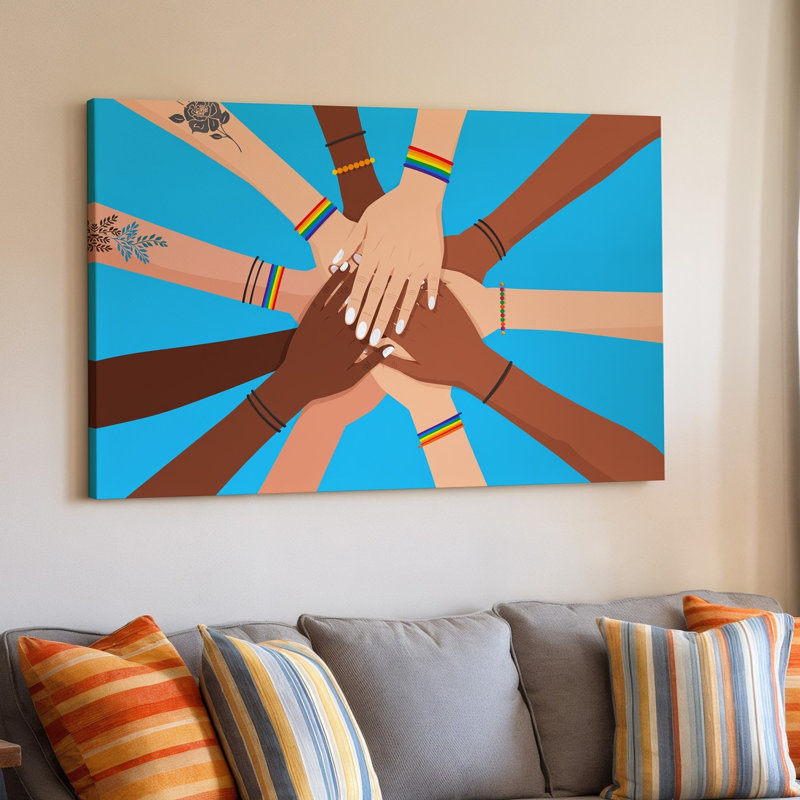 Toile, "Vibrant Illustration" mettant en vedette des mains diverses qui se rassemblent dans un art mural, formation circulaire contre un bleu vif, art sur toile