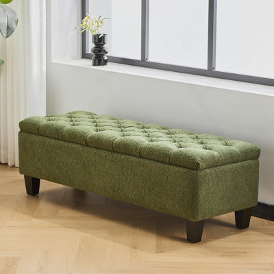 Ottoman Bench With Storage, Green Boucle Surface, Rubber Wood Legs, 300 Lbs Capacity