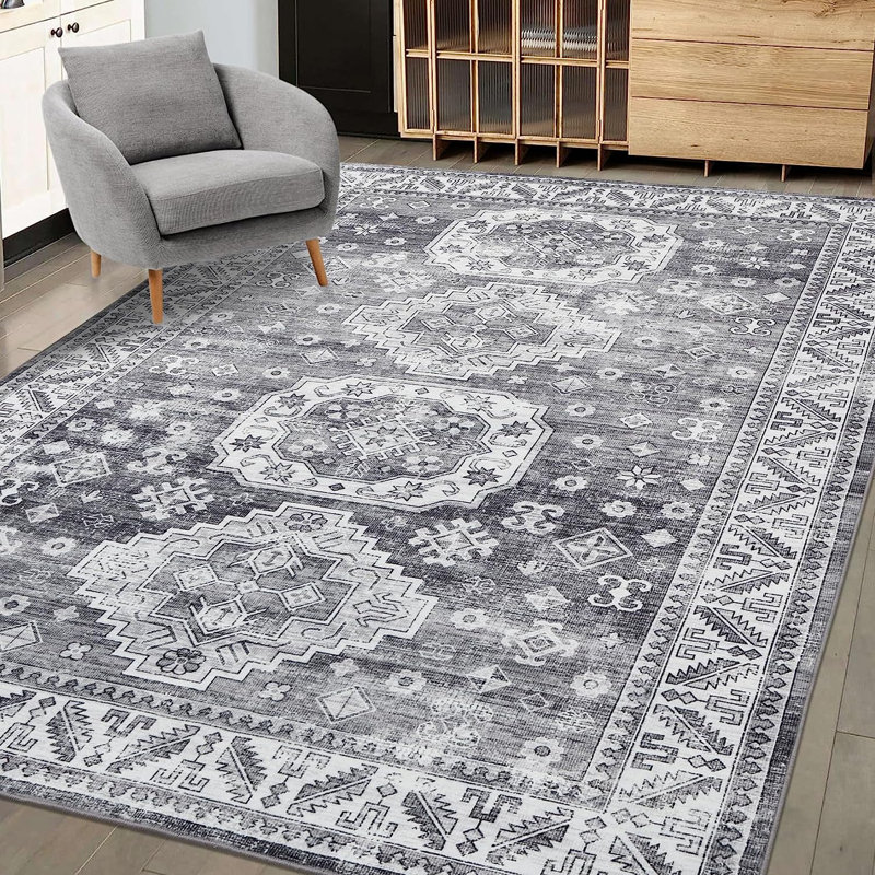 Tapis oriental gris en polyester fabriqué à la machine Corfu, Rectangle 9 pi x 12 pi