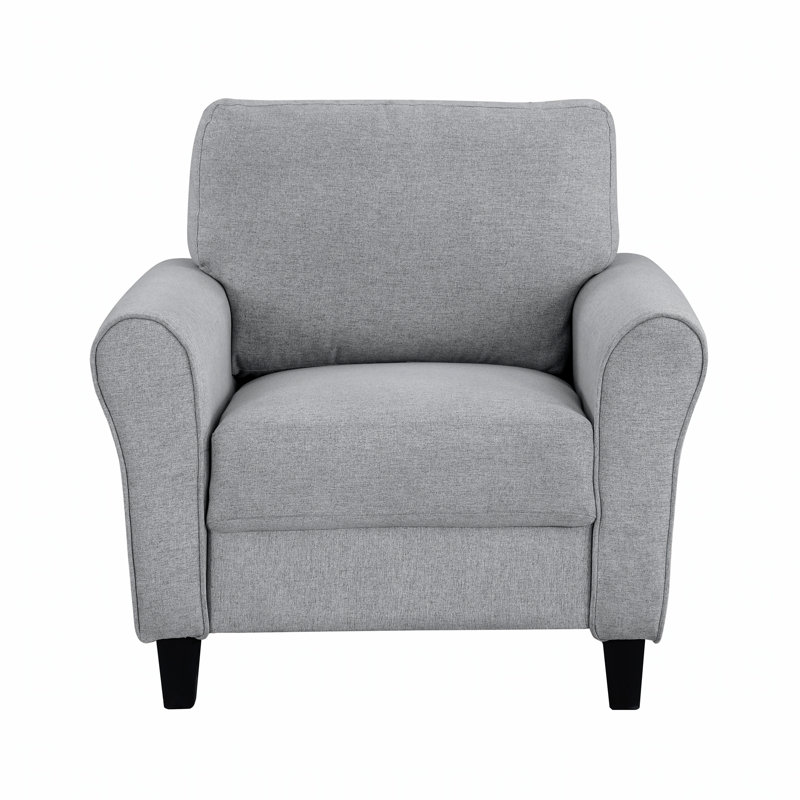 Chaise rembourrée moderne en tissu texturé gris foncé avec accoudoirs arrondis et coussin attaché, pour les salons transitionnels