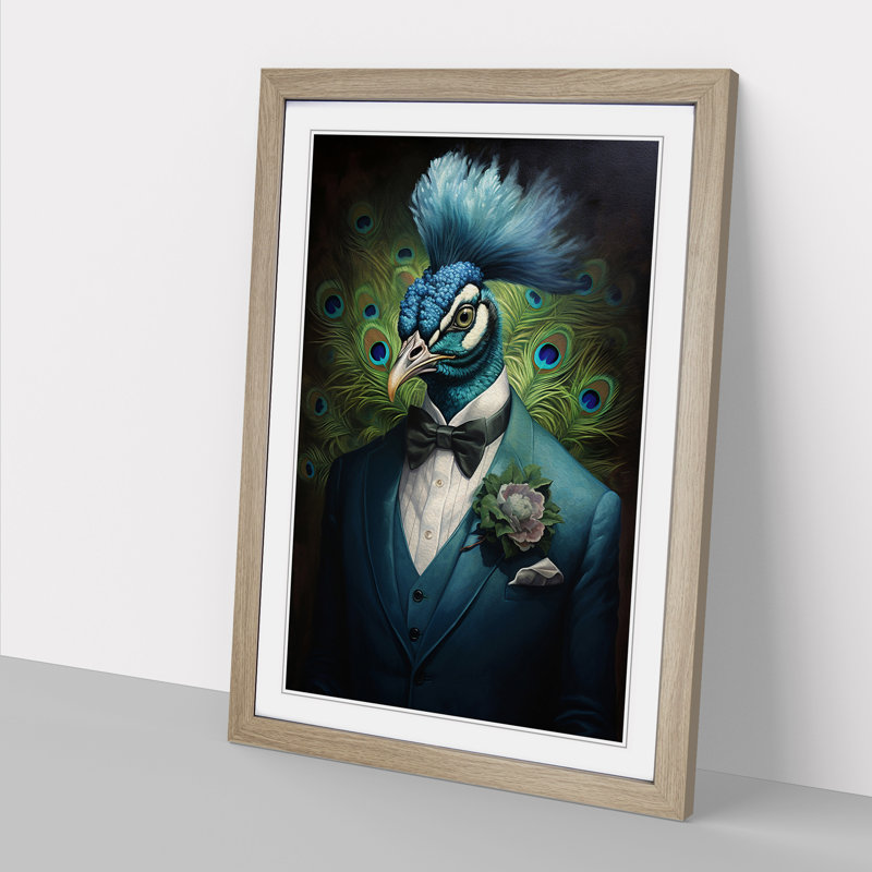 Peacock In A Suit Painting No.2 - Framed Print, 64cm H x 46cm W x 2cm D, Oak Framed