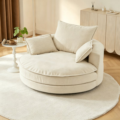 57.5" Beige Chenille Swivel Barrel Chair, 360° Rotation, Dual Cushion & 3 Pillows