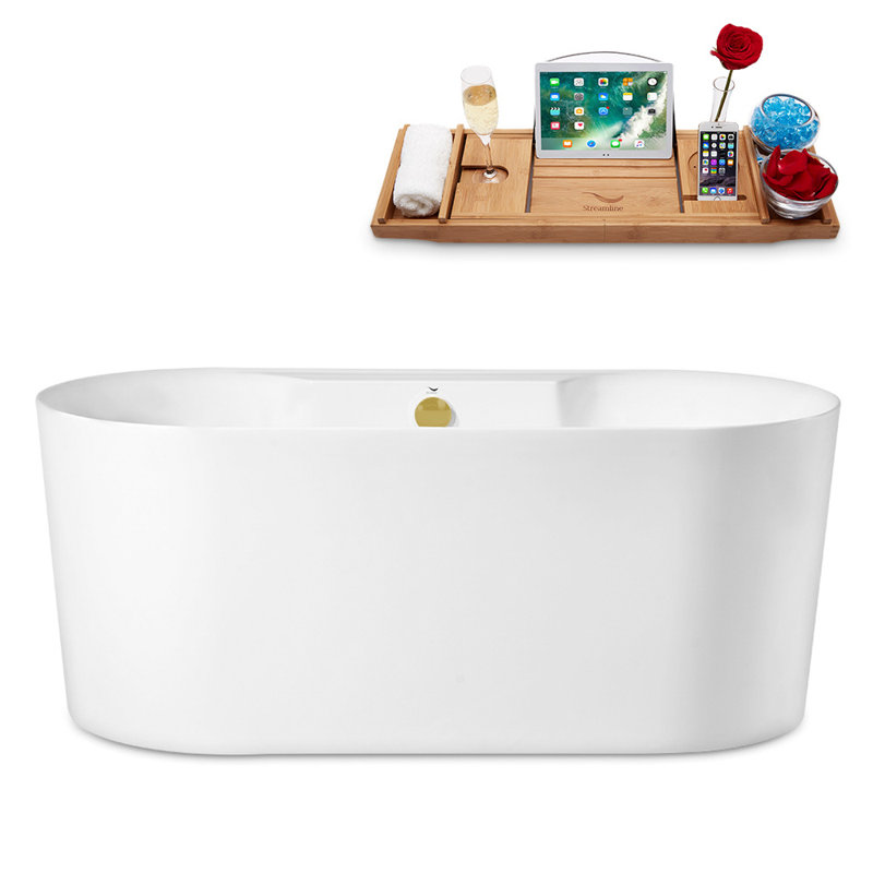 59" Streamline Freestanding Soaking Acrylic Bathtub With Drain and Bamboo Tray, Brushed Gold