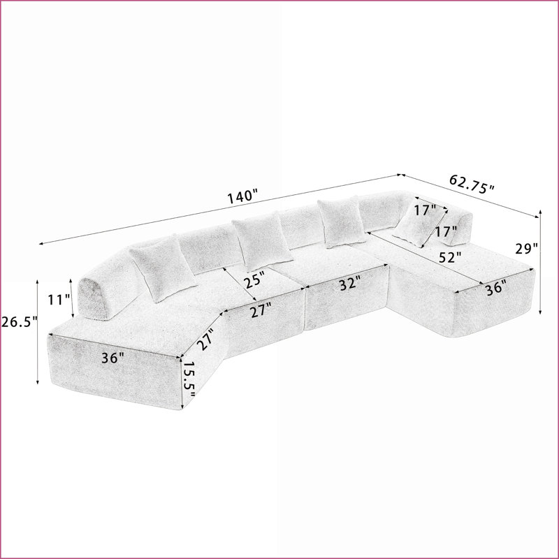 Canapé modulaire en L 140 po avec méridienne Boucle, sans assemblage, 4 sièges | Noir, standard