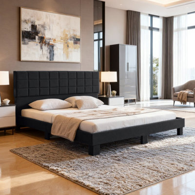 Cadre de lit plateforme très grand en lin pour chambre à coucher, tête de lit capitonnée avec support à lattes de bois et tête de lit réglable