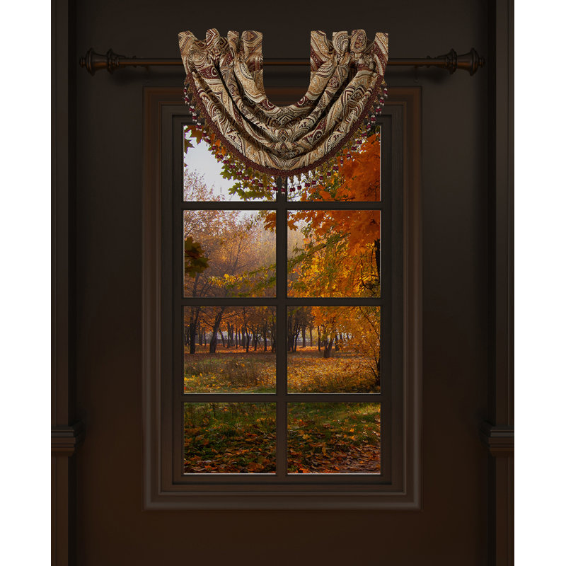 Standard Crimson and Gold Polyester Waterfall Valance with Tassel Fringe