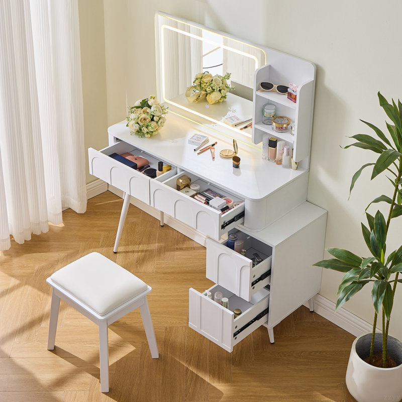Meuble-lavabo moderne avec lumières DEL et miroir, ensemble de coiffeuse 4 tiroirs avec tabouret, luminosité à intensité variable de 3 couleurs, peu encombrant pour la chambre à coucher
