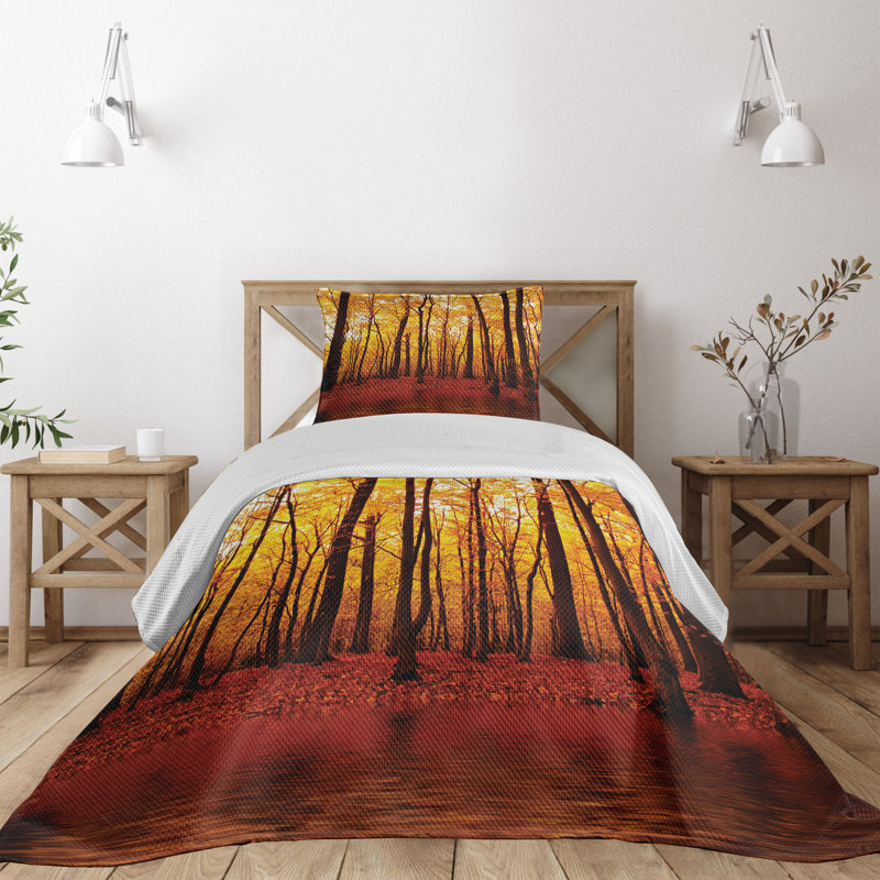 King Size Autumn Forest Quilted Bedspread Set in Brown and Orange