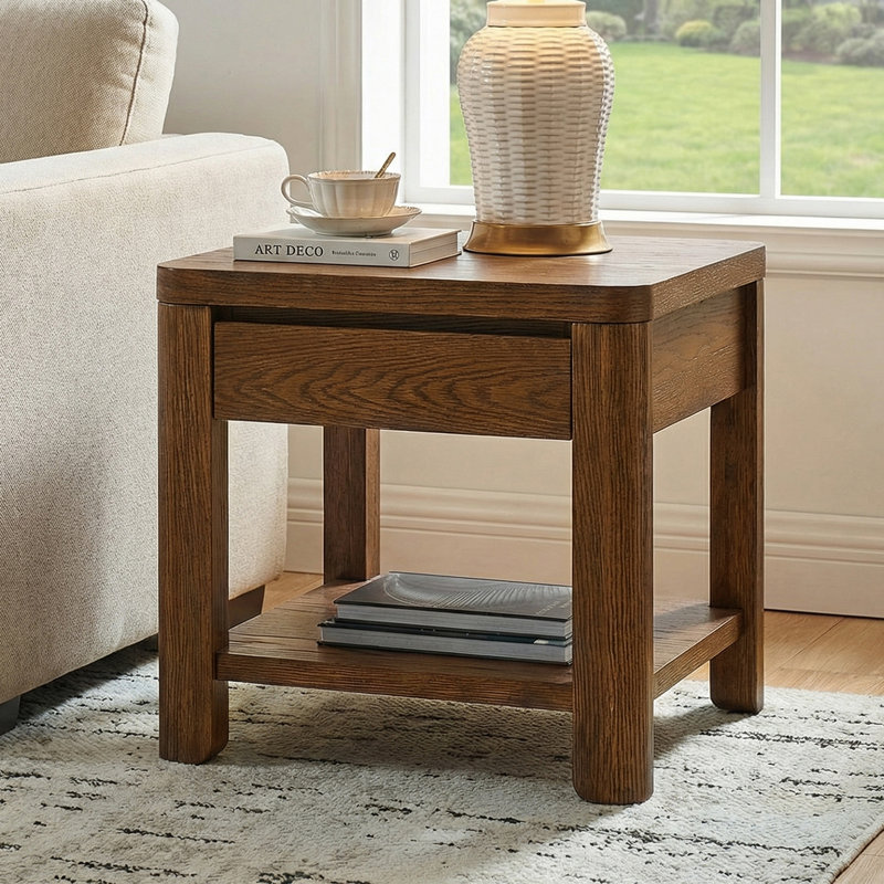 Waynesville 21.75"H Modern Farmhouse Solid Wood Legs End Table with Drawer and Charging Station, Walnut