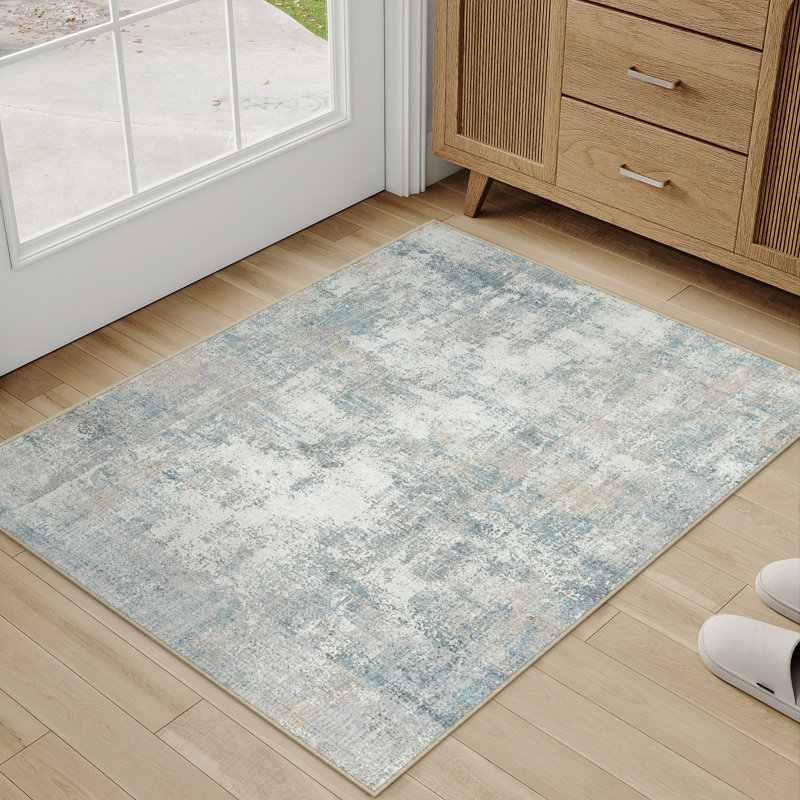 Tapis moderne lavable abstrait bleu, Rectangulaire 2 pi x 3 pi, Bleu