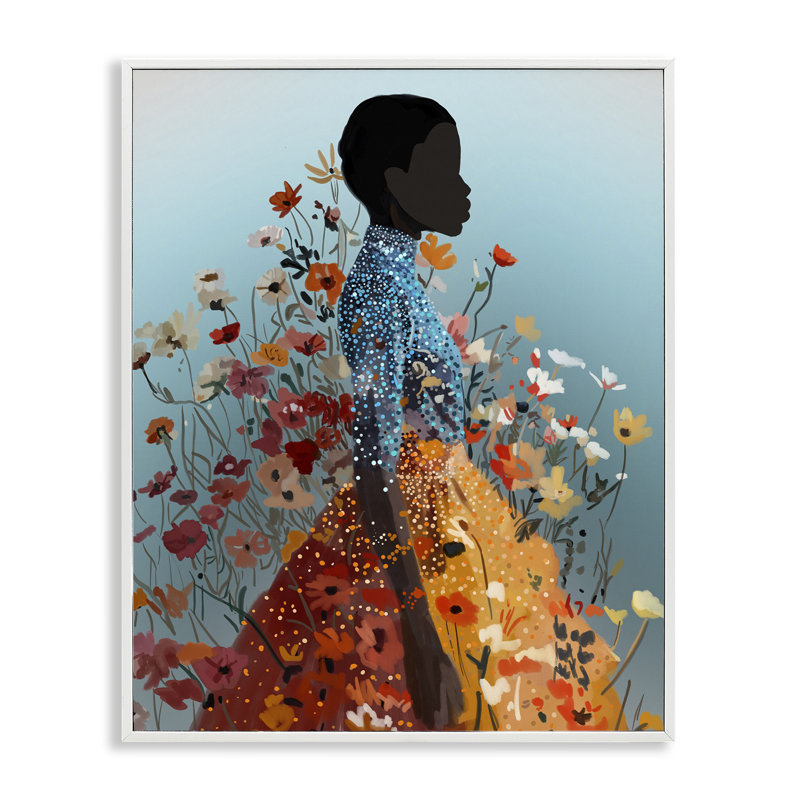 «Flower Explosion Trendy Girl», art giclée par Amelia Noyes, H 30 po x l 24 po, Estampe numérique encadrée blanc bord de mer