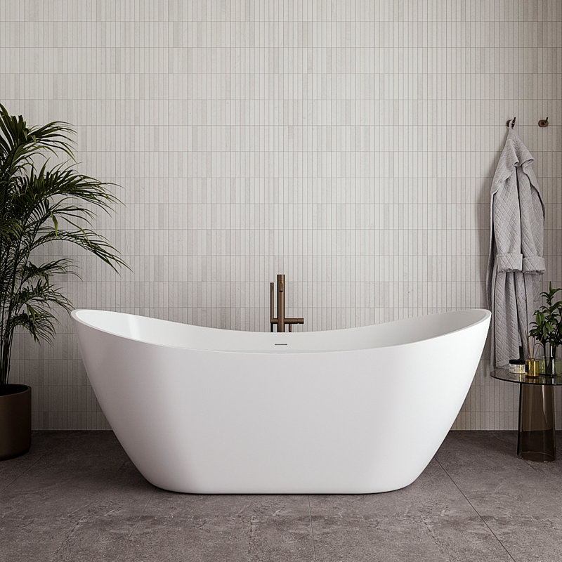 71" Streamline Soaking Glossy White Freestanding Tub With Internal Drain, Brushed Gold