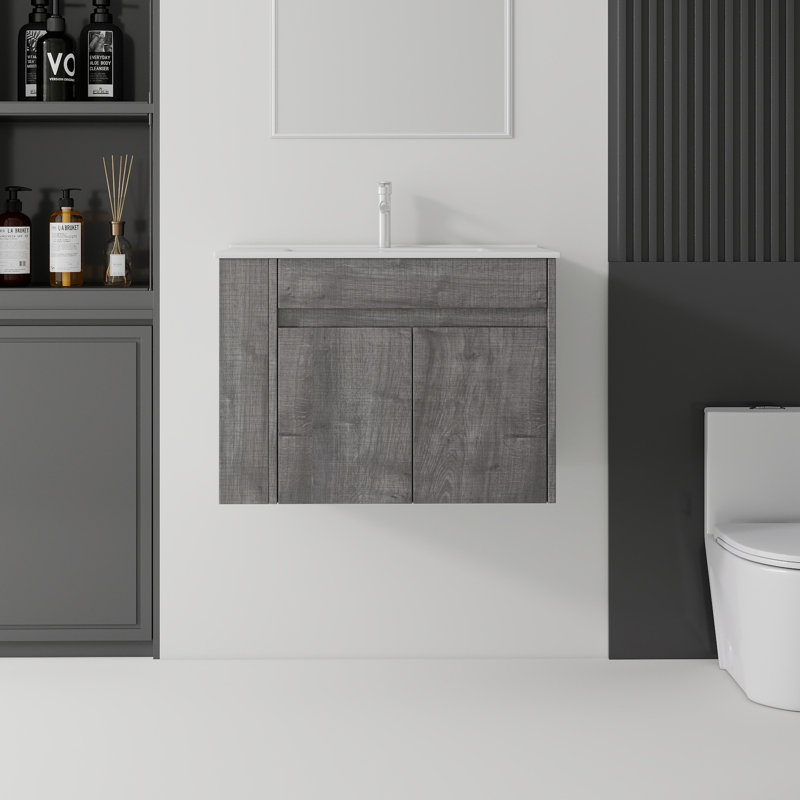 Meuble-lavabo flottant 30 po avec lavabo, porte à fermeture en douceur, lavabo en céramique, contreplaqué (gris), Grey, Grey