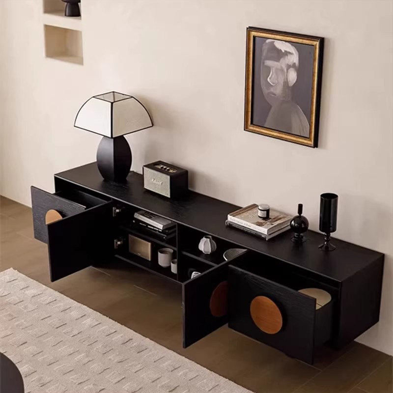 Meuble télé noir en bois massif, H 21,65 po x L 86,61 po x l 15,75 po