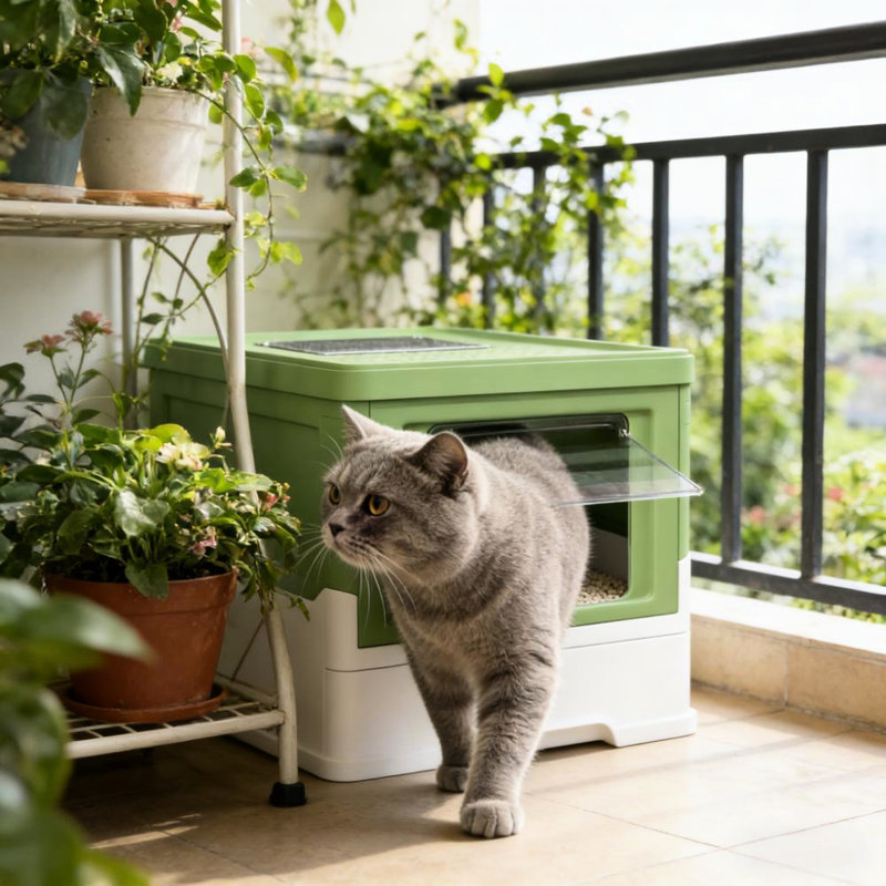 Boîte à litière pour chat spacieuse à entrée entièrement fermée, installation à double porte pour minimiser les dégâts, plateau coulissant pour remplissage rapide, enceinte en polypropylène blanc, L 18,75 po x l 14 po, H 14,5 po, boîte incluse