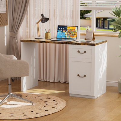 47" Computer Desk Storage Office Desk, White Rustic Wood Grain, Small Space Study Writing Desk, Learning Desk with Drawer and Enclosed Cabinet
