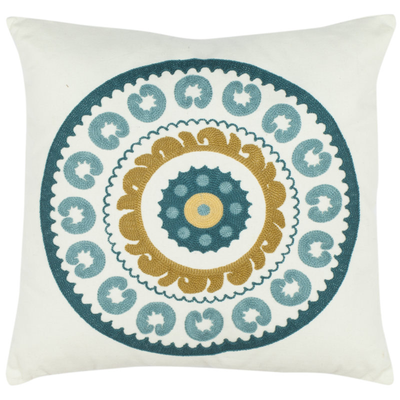 Embroidered Cotton Reversible Throw Pillow, Devin Turquoise