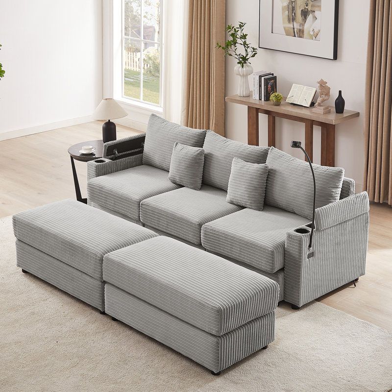 Canapé modulaire 3 places avec 2 repose-pieds mobiles Maroun, Velours côtelé gris