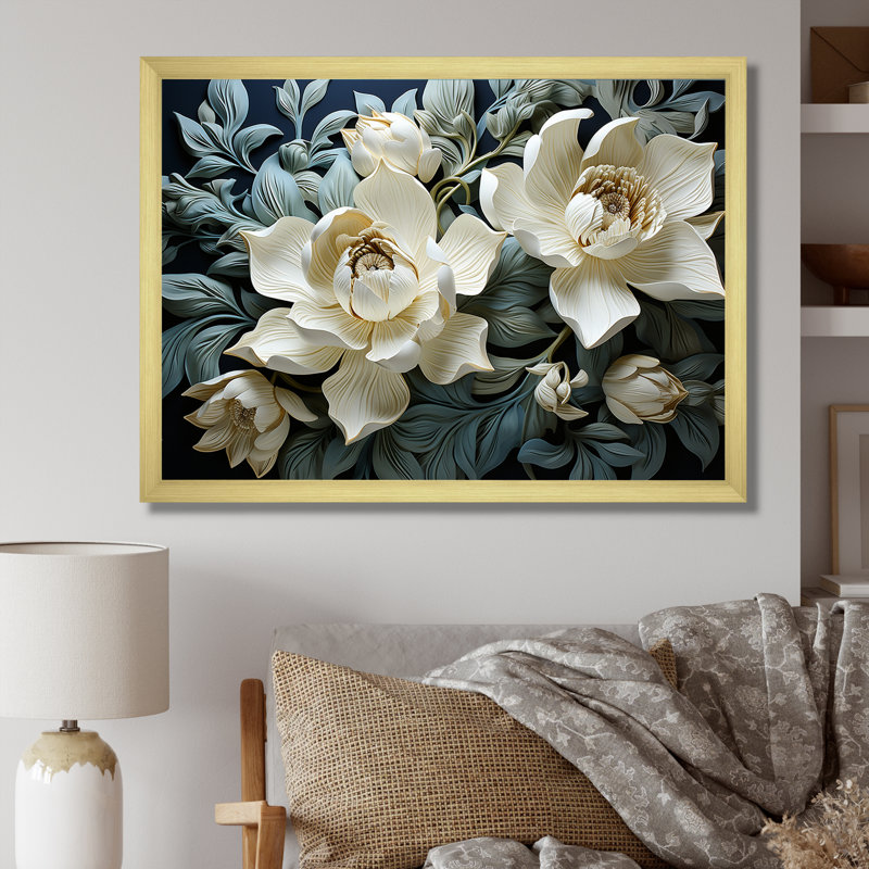 Tulipes blanches et bleues modernes sur toile, H 34 po x l 44 po x P 1,5 po, Cadre doré simple