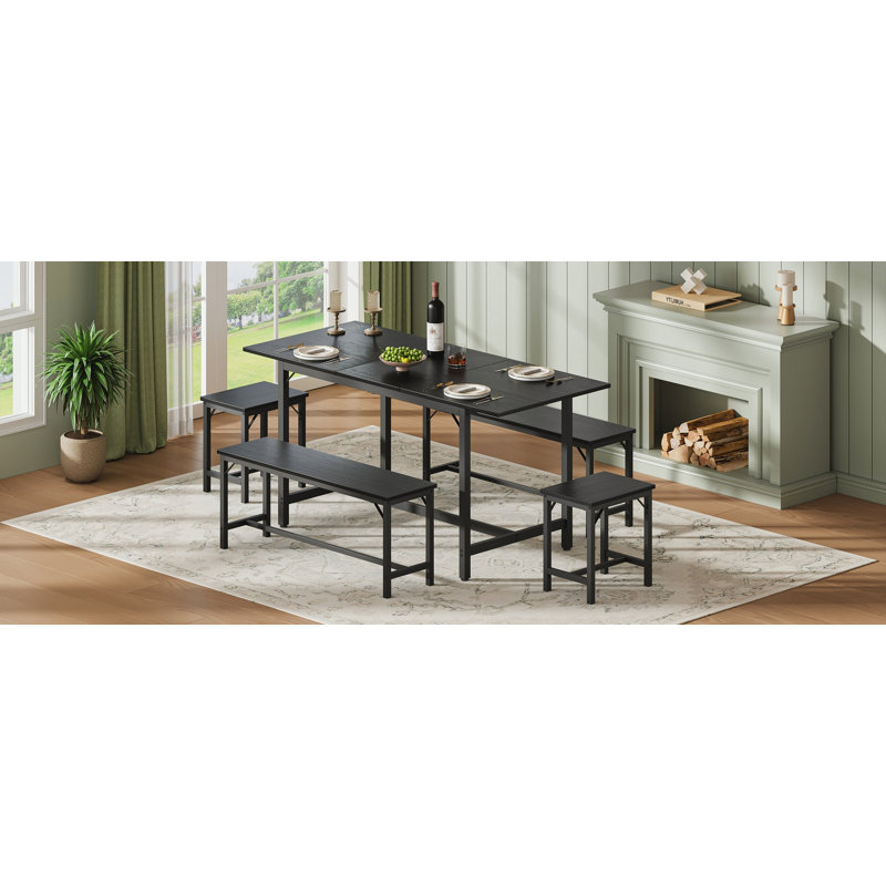 Ensemble de table de salle à manger extensible pour 4-8, grande table de cuisine extensible de 63 po avec 2 bancs et 2 tabourets, plateau en bois moderne et structure en métal, peu encombrant, facile à assembler, noir.