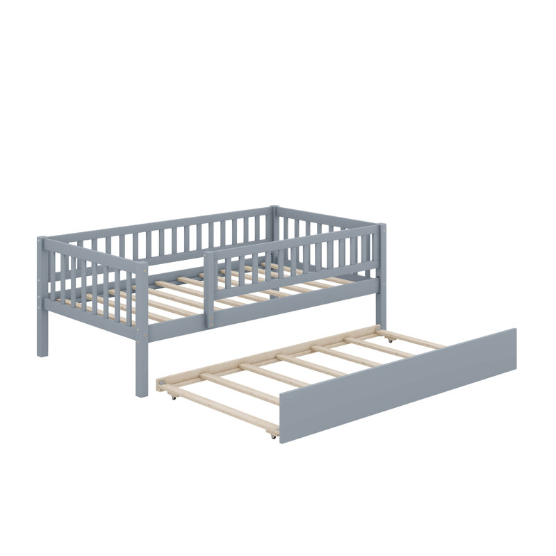Rustic Wooden Daybed With Underbed Trundle And Protective Fence-Style Guardrails, Gray