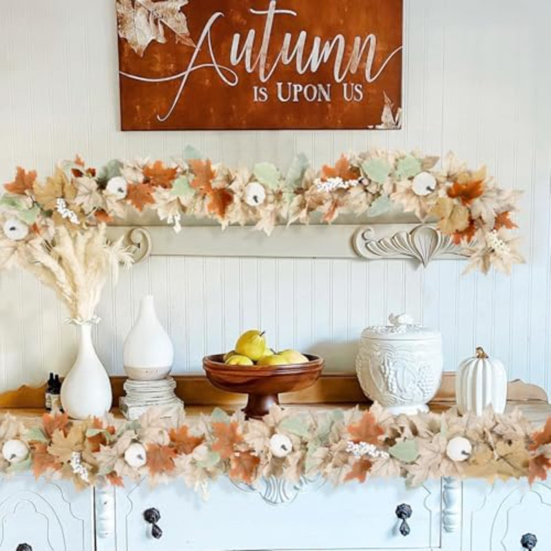 Guirlande d'automne neutre pour foyer de cheminée - Paquet de 2 feuilles d'automne de 6 pi décoratives pour la maison